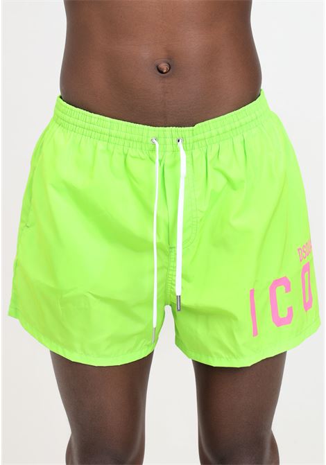 Shorts mare verde fluo da uomo con stampa logo rosa fluo DSQUARED2 | Beachwear | D7B8P5380367