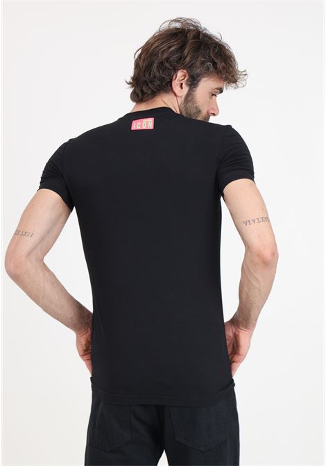 T-shirt da uomo nera con etichetta logo rosa fluo sul retro DSQUARED2 | T-shirt | D9M205040027