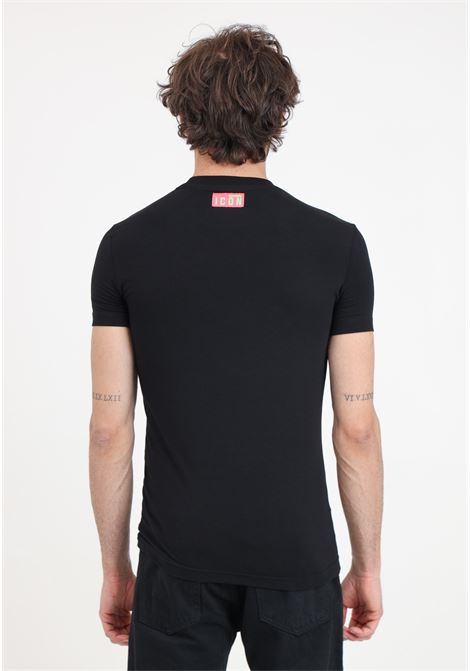 T-shirt da uomo nera con etichetta logo rosa fluo sul retro DSQUARED2 | D9M205040027