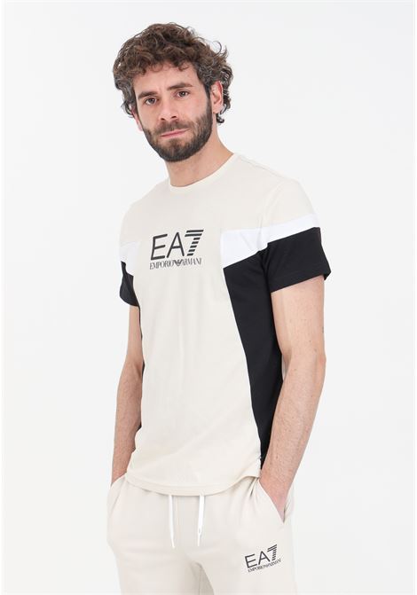 T-shirt da uomo nera beige e bianca Summer Block EA7 | T-shirt | 3DPT10PJ02Z1946
