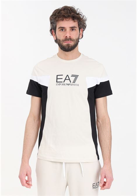 T-shirt da uomo nera beige e bianca Summer Block EA7 | T-shirt | 3DPT10PJ02Z1946