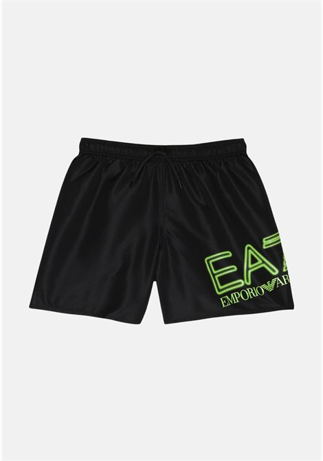 Shorts mare bambino nero con logo laterale in verde EA7 | Beachwear | 9060144R77700020