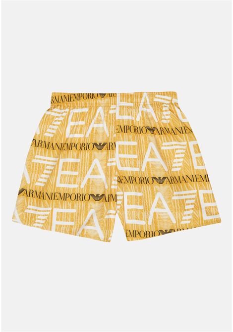Shorts mare bambino giallo con logo allover armani nero e bianco EA7 | Beachwear | 9060144R78304461