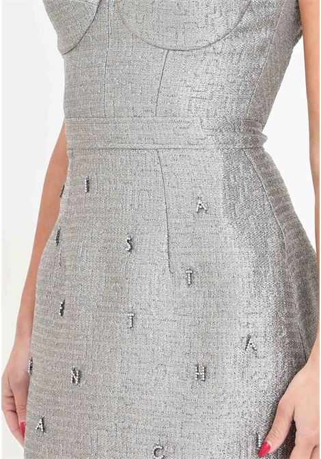Short lead-colored women's dress in lurex tweed with rhinestone lettering ELISABETTA FRANCHI | AB53242E2400