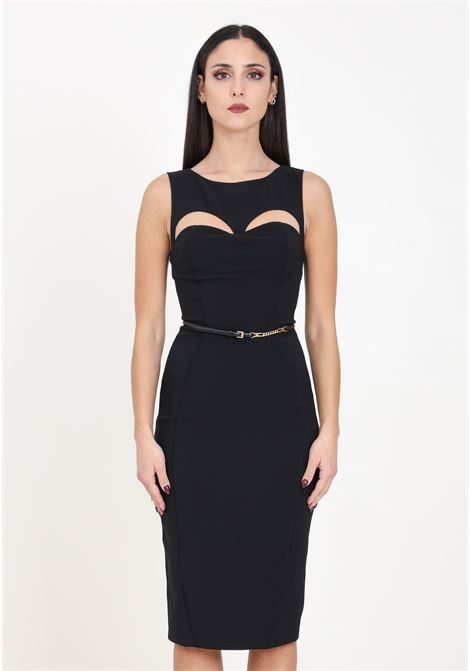 Black women's midi dress in technical fabric with belt and cut out ELISABETTA FRANCHI | AB60742E2110