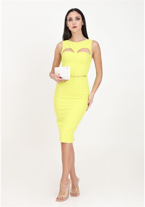 Citron colored midi women's dress in technical fabric with belt and cut out ELISABETTA FRANCHI | AB60742E2271