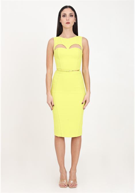 Citron colored midi women's dress in technical fabric with belt and cut out ELISABETTA FRANCHI | AB60742E2271