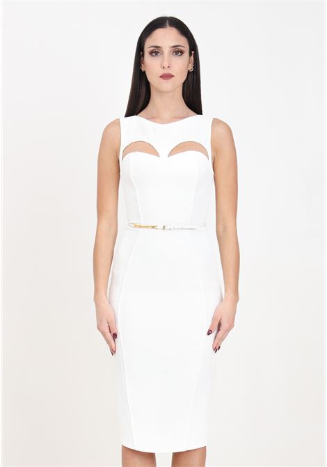 White midi women's dress in technical fabric with belt and cut out ELISABETTA FRANCHI | AB60742E2360