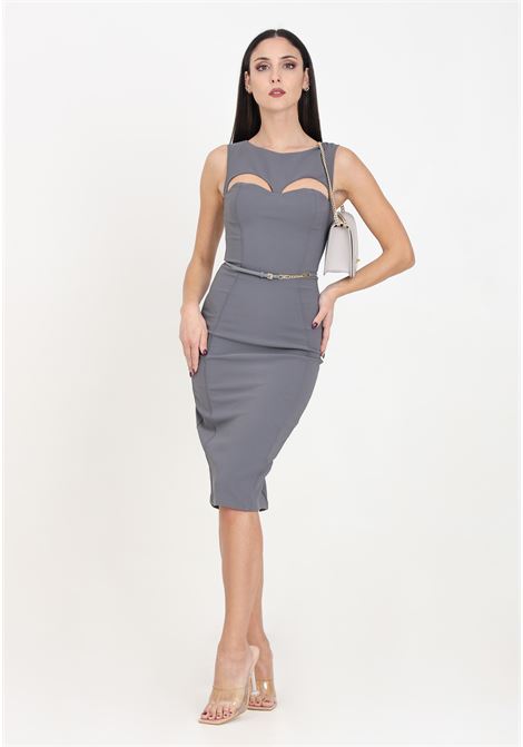 Women's lead-colored midi dress in technical fabric with belt and cut out ELISABETTA FRANCHI | Dresses | AB60742E2400