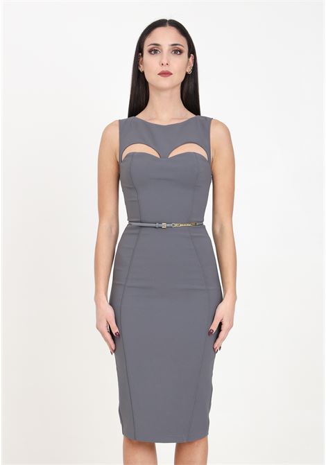 Women's lead-colored midi dress in technical fabric with belt and cut out ELISABETTA FRANCHI | AB60742E2400