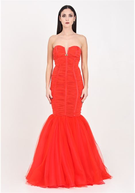 Coral-colored women's red carpet dress in jersey with tulle flounce ELISABETTA FRANCHI | Dresses | AB61542E2800