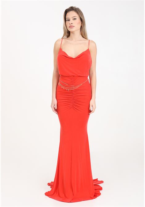 Coral red carpet long women's dress in draped cupro jersey ELISABETTA FRANCHI | AB62842E2800