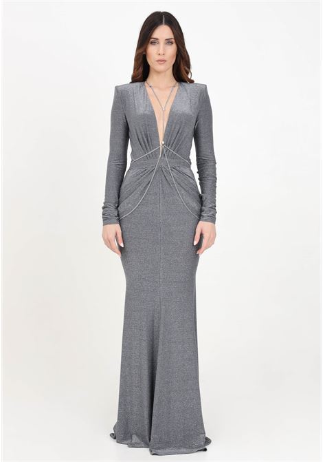 Long red carpet lead-colored women's dress in lurex jersey with body chain ELISABETTA FRANCHI | AB63042E2400