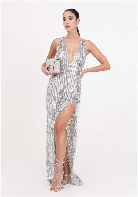 Red carpet silver women's long dress with beaded fringes and sequins ELISABETTA FRANCHI | AB63242E2346