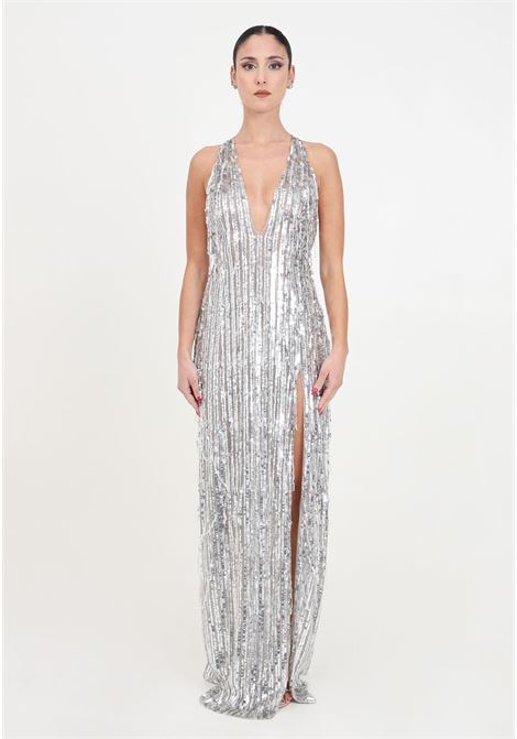 Red carpet silver women's long dress with beaded fringes and sequins ELISABETTA FRANCHI | Dresses | AB63242E2346