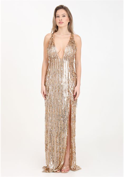 Gold red carpet long women's dress with beaded fringes and sequins ELISABETTA FRANCHI | Dresses | AB63242E2464
