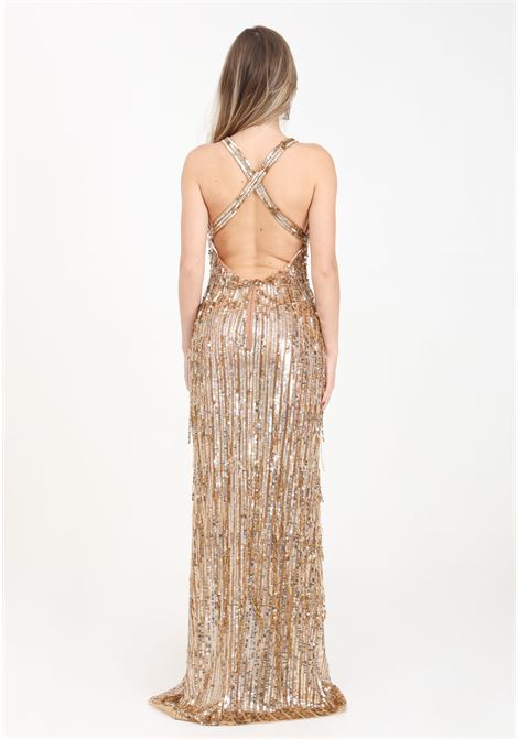 Gold red carpet long women's dress with beaded fringes and sequins ELISABETTA FRANCHI | Dresses | AB63242E2464