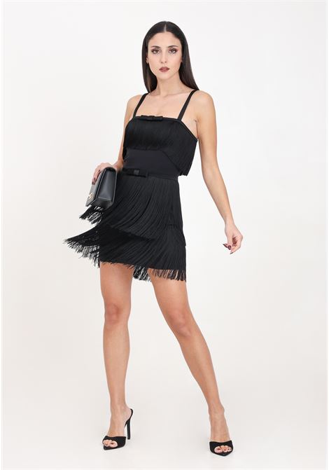 Black crepe women's minidress with fringes and bow ELISABETTA FRANCHI | AB63542E2110