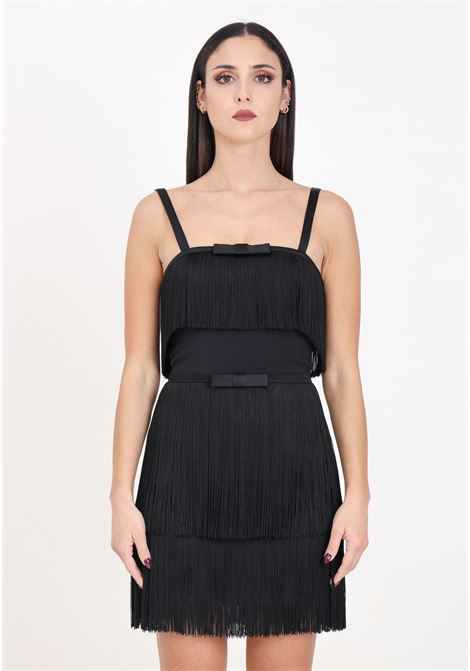 Black crepe women's minidress with fringes and bow ELISABETTA FRANCHI | Dresses | AB63542E2110