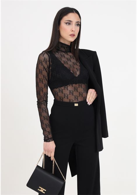 Transparent women's black bodysuit with allover logo ELISABETTA FRANCHI | BO00441E2110