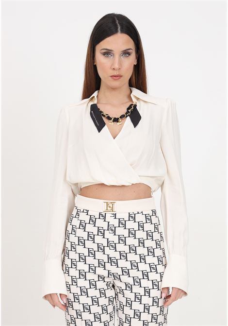 Camicia da donna color burro cropped in georgette di viscosa con catena foulard ELISABETTA FRANCHI | Camicie | CA04841E2193