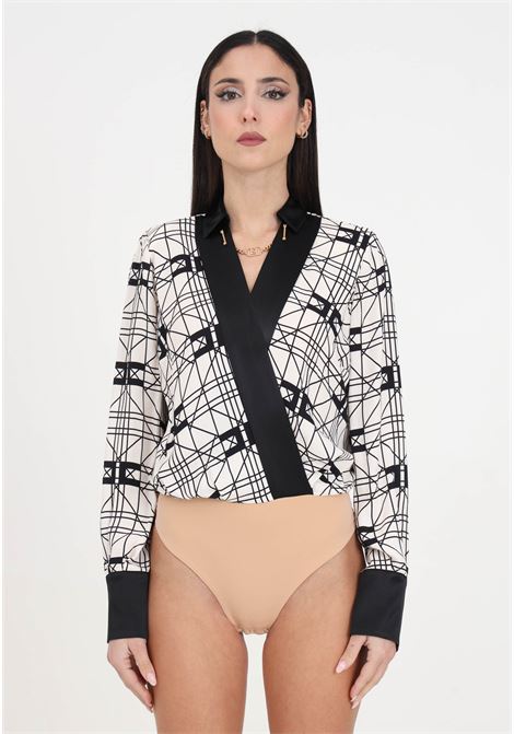Butter and black women's shirt with crossed bodysuit in printed viscose georgette ELISABETTA FRANCHI | Shirt | CBS0241E2E84