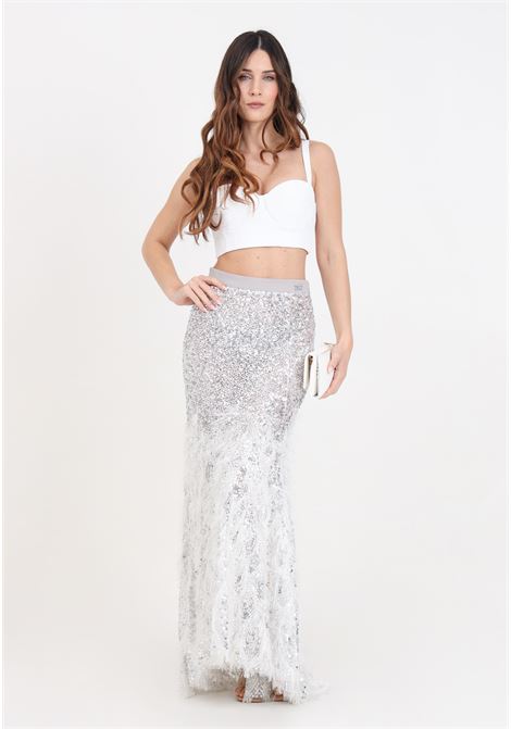 Silver-colored women's long skirt in tulle with embroidery ELISABETTA FRANCHI | GO00642E2900
