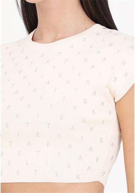 Butter-colored women's cropped top in viscose with rhinestone lettering ELISABETTA FRANCHI | MK05B42E2193
