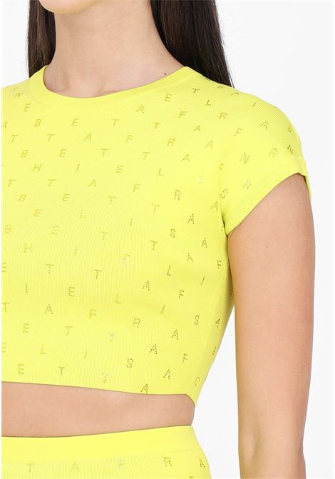 Citron-coloured women's cropped top in viscose with rhinestone lettering ELISABETTA FRANCHI | Tops | MK05B42E2271