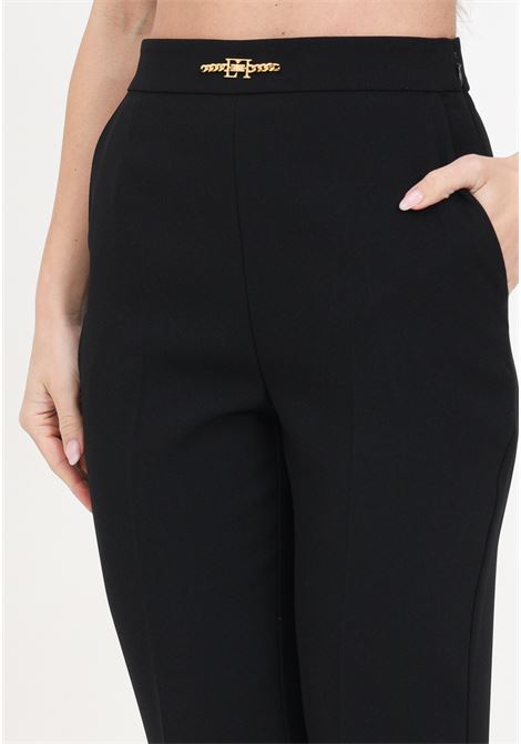 Straight black women's trousers in stretch crepe with horsebit ELISABETTA FRANCHI | Pants | PA02341E2110
