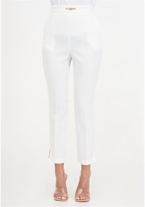 Straight white women's trousers in stretch crepe with horsebit ELISABETTA FRANCHI | Pants | PA02341E2360