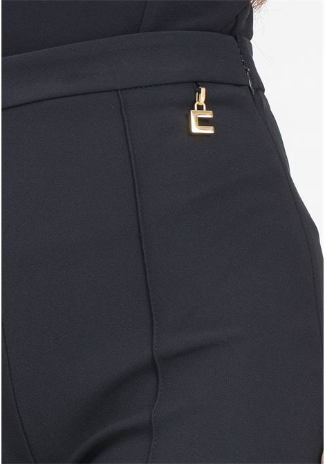 Black women's flared trousers with golden metal logo charm ELISABETTA FRANCHI | PA02641E2110