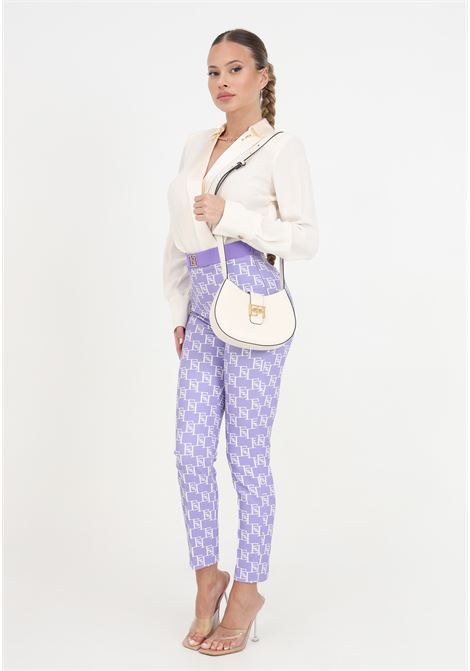 Purple and white women's trousers with allover logo and golden metal detail ELISABETTA FRANCHI | Pants | PAS1441E2BX9