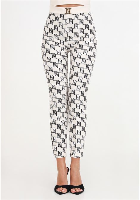 Black and white women's trousers with allover logo and golden metal detail ELISABETTA FRANCHI | Pants | PAS1441E2E84