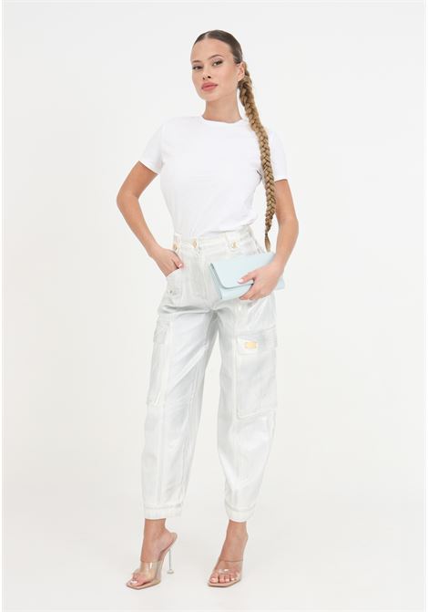 Jeans cargo da donna argento/avorio laminato con bottoni oro ELISABETTA FRANCHI | Jeans | PJ60D41E2CA7