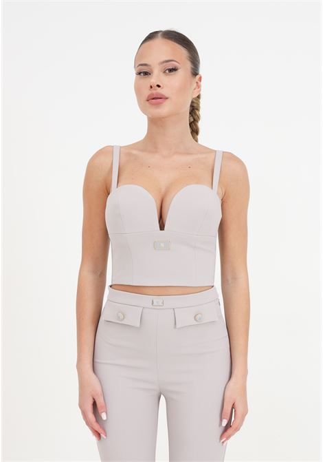 Pearl gray crepe bustier women's top with enamelled logo plaque ELISABETTA FRANCHI | Tops | TO00941E2155