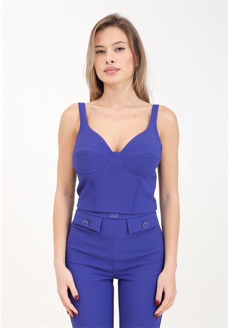 Indigo blue women's bustier top in stretch crepe with embroidery ELISABETTA FRANCHI | TO01041E2828