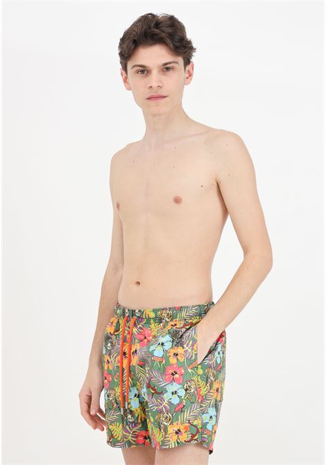 Green men's swim shorts with contrasting printed jungle pattern GALLO | AP51492614647