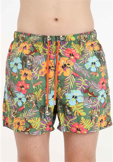 Green men's swim shorts with contrasting printed jungle pattern GALLO | AP51492614647