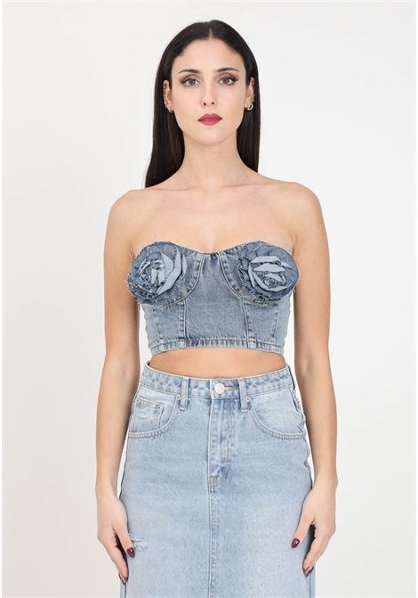 Women's denim top with roses sewn on the chest GLAMOROUS | Tops | AN4711HEAVY VINTAGE WASH