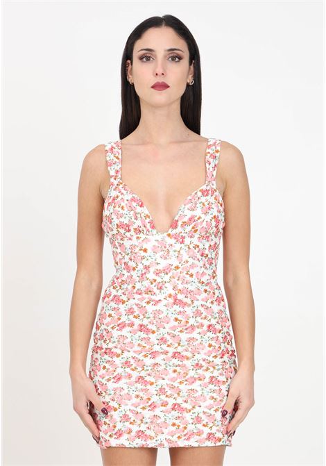 Short women's dress with external mesh lining with floral pattern GLAMOROUS | Dresses | CK7369PINK MULTI FLORAL LACE