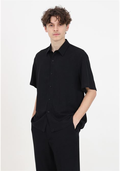Black linen-effect men's shirt with short sleeves I'M BRIAN | CA2868009