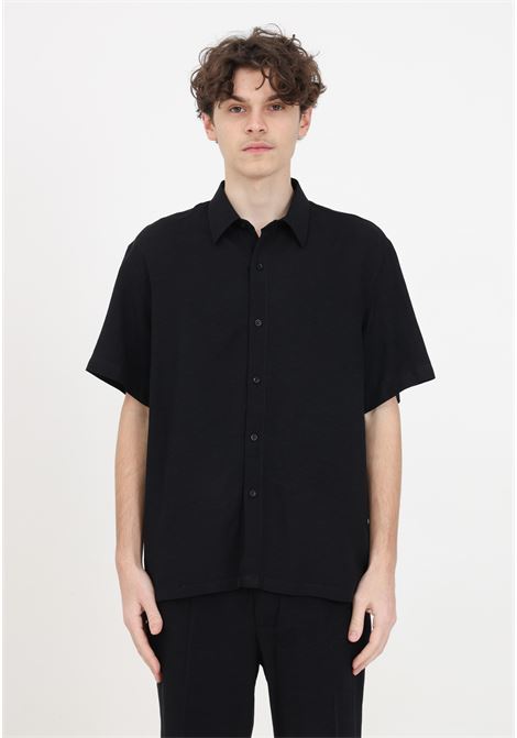 Black linen-effect men's shirt with short sleeves I'M BRIAN | CA2868009