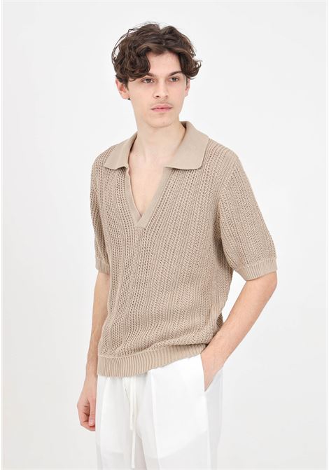 Beige men's polo shirt with perforated texture and loose knit I'M BRIAN | MA28050025