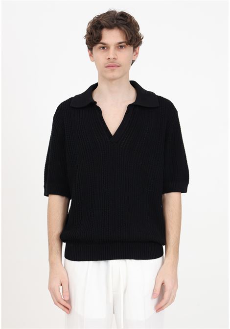 Black men's polo shirt with perforated texture and loose knit I'M BRIAN | MA2805009