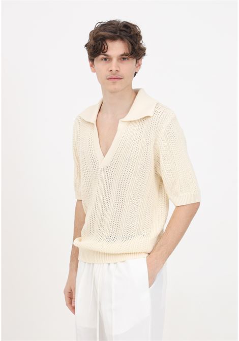 Cream-coloured men's polo shirt with perforated texture and loose knit I'M BRIAN | MA2805PANNA