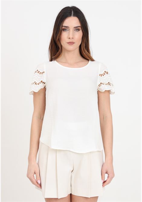 Cream women's T-shirt with embroidery on the sleeves JDY | T-shirt | 15312609Cloud Dancer