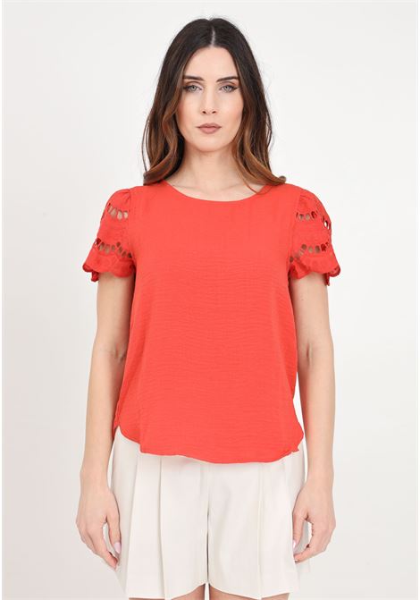 Orange women's t-shirt with embroidery on the sleeves JDY | T-shirt | 15312609Summer Fig