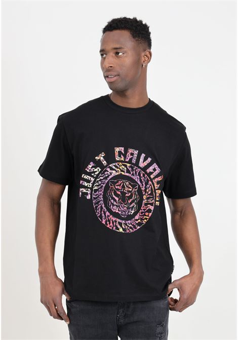 T-shirt nera da uomo con stampa multicolor tiger sul davanti JUST CAVALLI | T-shirt | 76OAHC17CJ600899