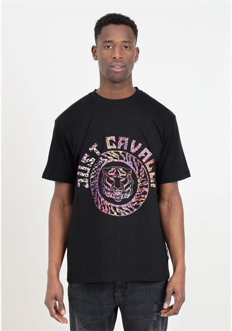 T-shirt nera da uomo con stampa multicolor tiger sul davanti JUST CAVALLI | T-shirt | 76OAHC17CJ600899